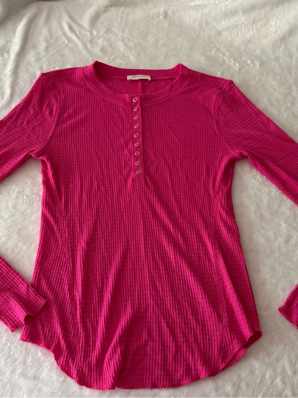 Zenana Pink Waffle Knit Henley Long Sleeved Top L - Picture 3 of 6